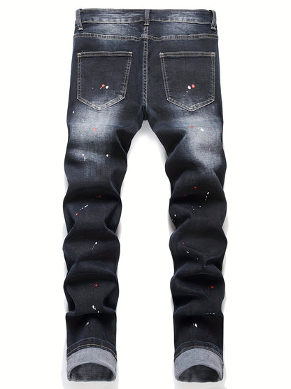 Patch Splatter Ripped Jeans, Men's Casual Street Style Distressed Slim Fit High Stretch Denim Pants For Spring Summer