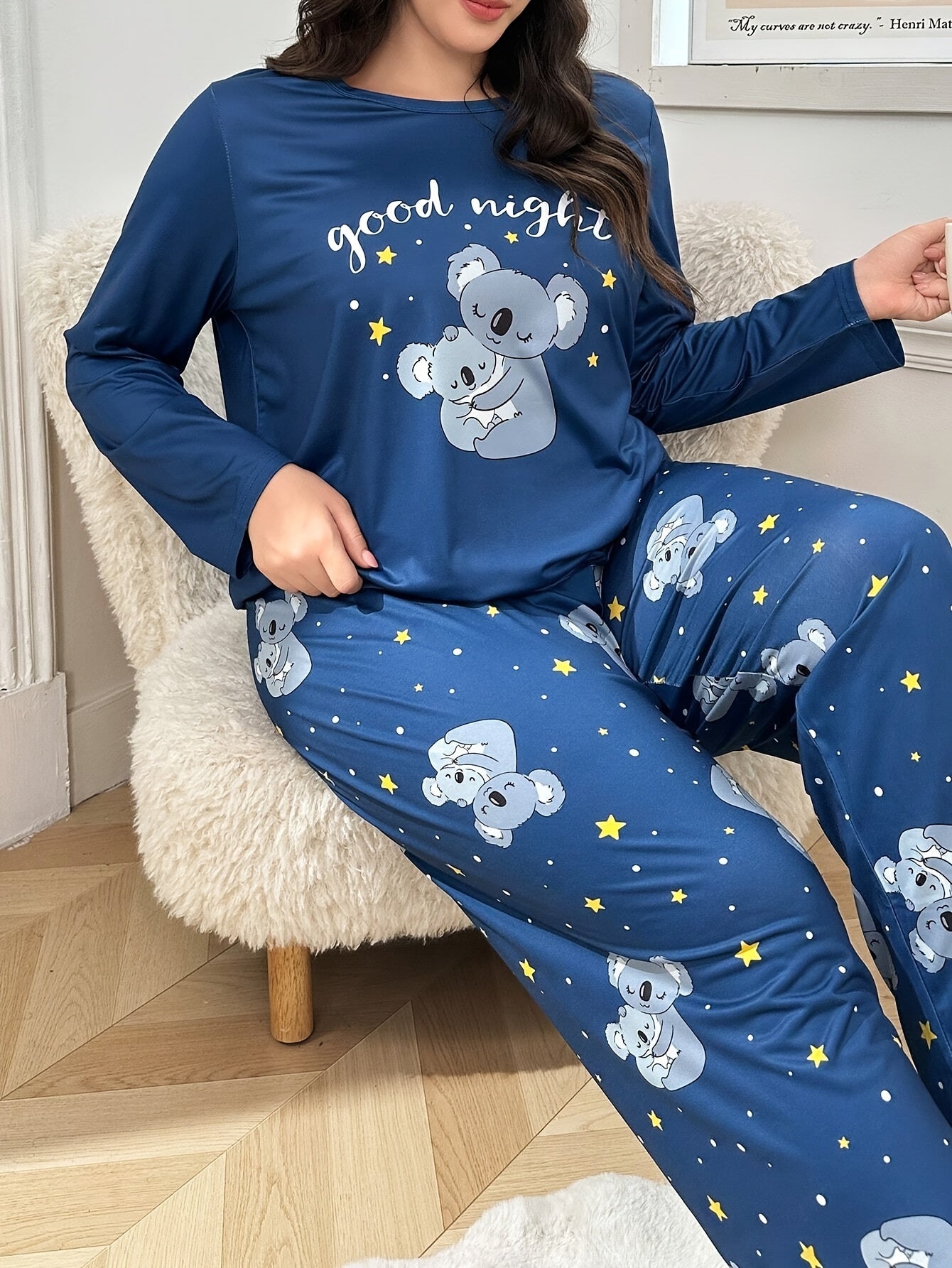 Plus Size Autumn/Winter Women's Pajamas with Cute Cartoon Koala Print Long Sleeve Loungewear Set