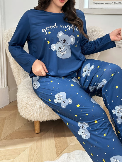 Plus Size Autumn/Winter Women's Pajamas with Cute Cartoon Koala Print Long Sleeve Loungewear Set