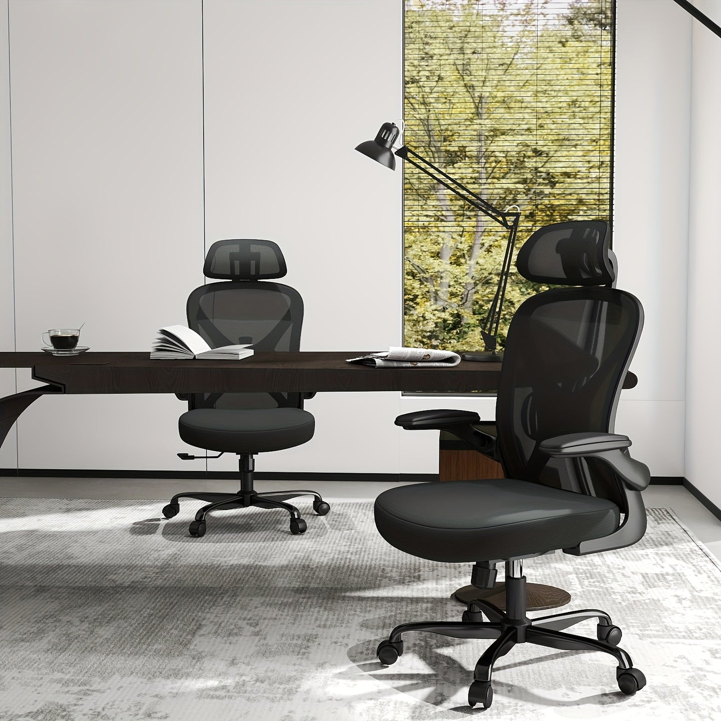 Ergonomic Office Chair with Adjustable Headrest &amp; Lumbar Support, Height-Adjustable Computer Desk Chair with Flip-Up Armrests, 360° Swivel, Breathable Mesh Backrest &amp; Seat, Durable Plastic Frame - Black for Home &amp; Office Use