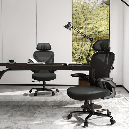 Ergonomic Office Chair with Adjustable Headrest &amp; Lumbar Support, Height-Adjustable Computer Desk Chair with Flip-Up Armrests, 360° Swivel, Breathable Mesh Backrest &amp; Seat, Durable Plastic Frame - Black for Home &amp; Office Use