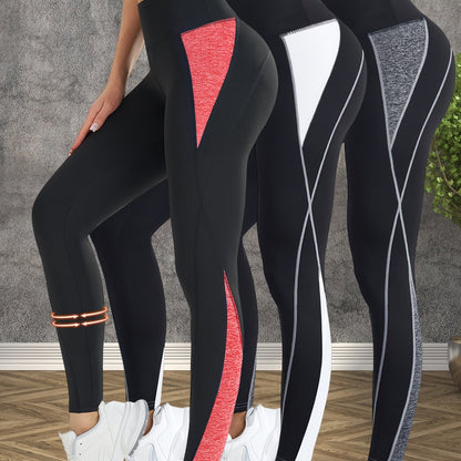 3-Pack Women's High-Waisted Yoga Pants - Tummy Control Butt-Lifting Workout Leggings, Breathable Stretchy Fitness Pants with Color-Block Design for Gym Running Training, Spring Summer Fall Essentials, Seasonal Activewear, Con