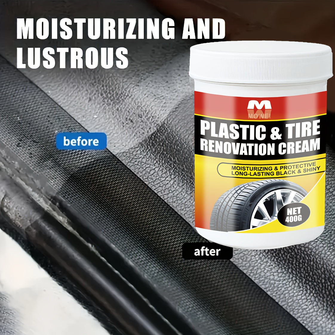 400g Multi-Surface Restorer Cream - Plastic & Tire Black Restoration, Anti-Aging Formula for Car Dashboard, Wheel Hubs, Sofa Seats - Universal Use, Before & After Results