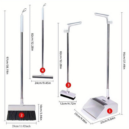 4-in-1 Foldable Broom and Dustpan Set - Durable Plastic, Easy Storage Design for Home Cleaning - Ideal for Kitchen, Bathroom, Bedroom Floors - Includes Water Squeegee, No Broom Required, Broo