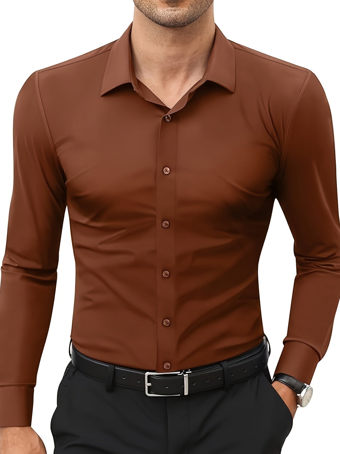 Camisola de homem de manga comprida com corte slim - 55% algodão, 40% poliéster, 5% elastano, cor lisa, para todas as estações, tecido plano, fecho com botões, gola de lapela, ideal para o fim de semana, 125 g/m²