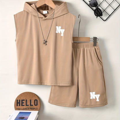Cool Short-Sleeve T-Shirt with Letter Print And Shorts Set for Boys, for Outdoor