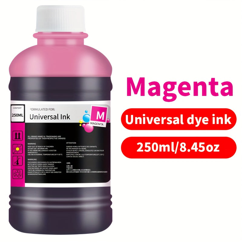 Dye Ink Cartridge Filling for Canon, Epson, HP, and Brother Printers - 250ml/8.45 oz universal ink cartridge with 4 color options (black, blue, pink, yellow) for HP 301XL, 302XL, 305XL, 304XL, PG-545, CL-546, 245, 246, 745 - H