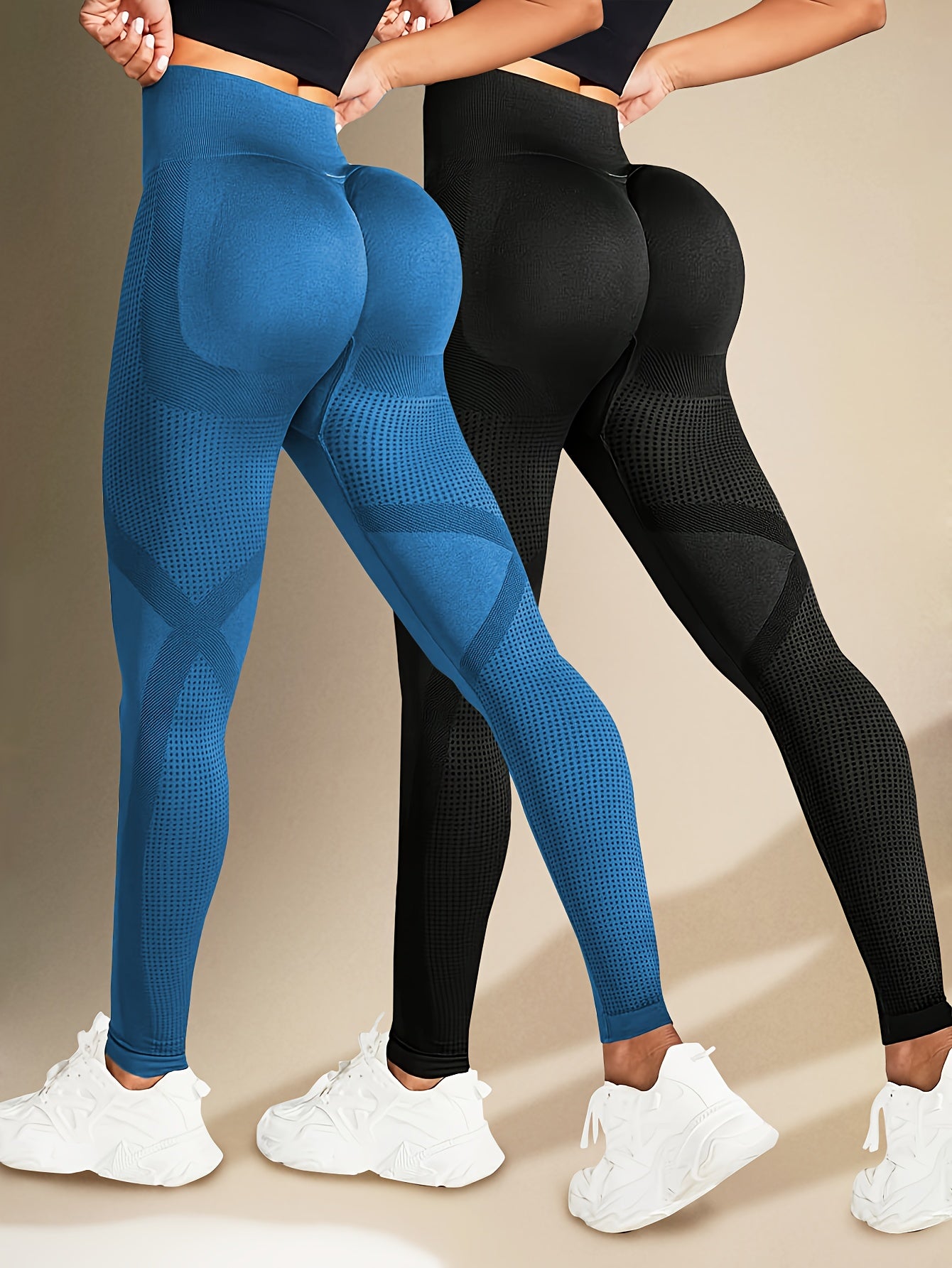 Two Solid Color High-Elasticity Fitness Yoga Leggings - Abdominal Control, Pleated, Elastic Waistband, Long Length, Made of Polyamide And Elastic Materials - Suitable for Women'S Activewear, Exercise, And All Seasons.