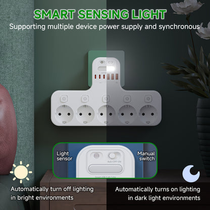 European Wall Power Strip with 5 AC Outlets & 3 USB-A/3 USB-C Ports, Smart Power Strip with Individual Switches, Overload Protection, 3 Lighting Modes & Auto On/Off Timer, EU Plug (220V) for Home, Office, Dorm - Space-Saving