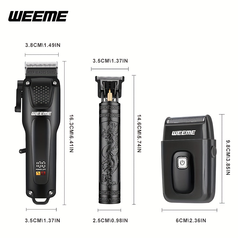 WEEME 3pcs Men's Grooming Kit - LCD Electric Clipper + Cordless Shaver + T-Blade Trimmer | USB-C Rechargeable w/Brushes & Care Accessories | Durable Hair/Facial Grooming Tools for Home & Travel