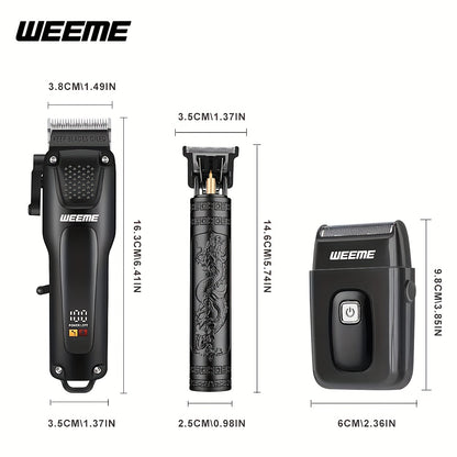 WEEME 3pcs Men's Grooming Kit - LCD Electric Clipper + Cordless Shaver + T-Blade Trimmer | USB-C Rechargeable w/Brushes & Care Accessories | Durable Hair/Facial Grooming Tools for Home & Travel