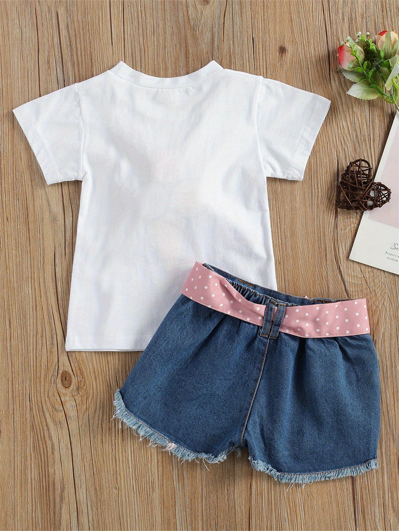 Adorable Girls' Ice Cream Print Short Sleeve Tee & Ripped Denim Shorts Set with Pink Bow Accent - Stretchy, Breathable Summer Outfit for Casual Wear, Perfect for Outdoor