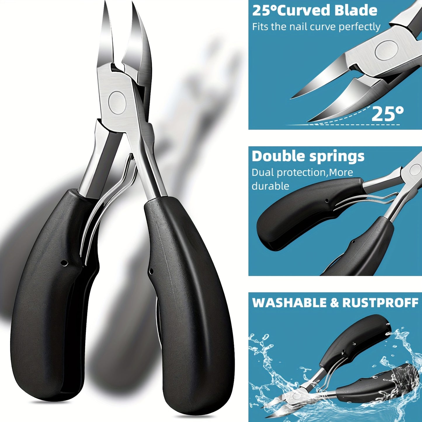 7pcs Stainless Steel Nail Care Kit for Ingrown & Thick Toenails - Heavy-Duty Clippers Set with Nail File, Cuticle Nippers, And Grooming Tools - Classic Black Handles for Men, Women, Seniors, Halloween Gift, DUANGDUANGBIU