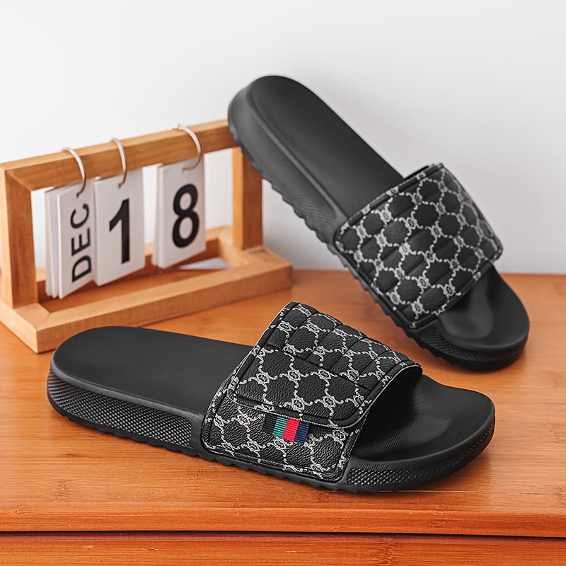 Men's Luxury Slip-On Slippers - Thick Cushioned EVA Sole & Soft PU Upper with Striped Pattern, All-Season Indoor/Outdoor House Shoes for Men, Comfortable Casual & Party Footwear (Black/White, Beige/Brown) - Unisex-Friendly De