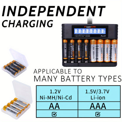 Set (battery + charger), PowerKAN 1.2V NiMH rechargeable AA & AAA Battery + ALL8 charger, high quality battery rechargeable discharge cycle, 800mAh AAx8 & 300mAh AAAx8 combination, with 5V 2A USB fast charging LCD charger