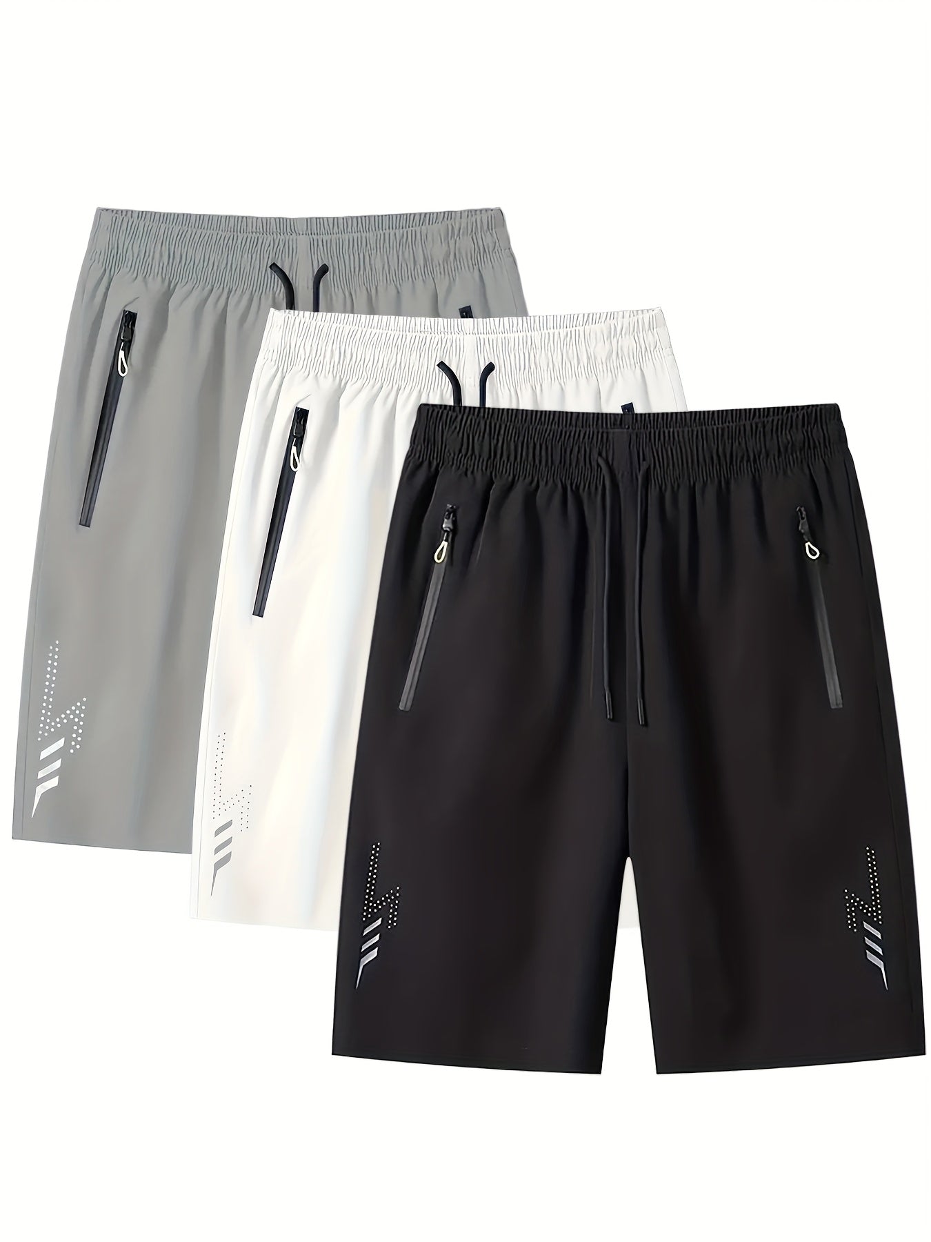 3pcs Men's Lightweight Quick-Dry Athletic Running Shorts - Loose Fit Plus Size, Zipper Pocket &amp; Elastic Waistband, Polyester/Elastane Blend Swim Shorts with White &amp; Black Design for Gym, Beach, Jogging - Summer Workout Swim T