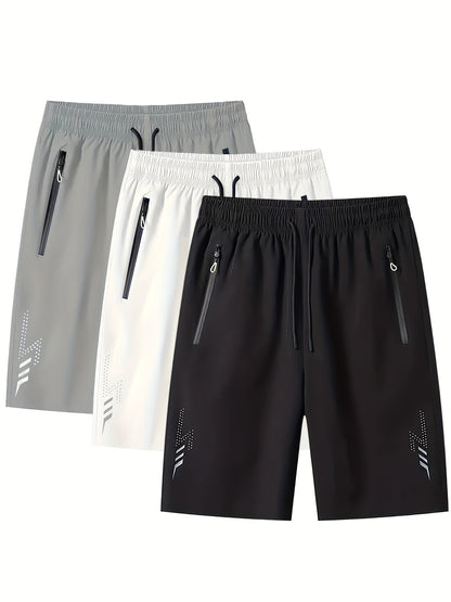 3pcs Men's Lightweight Quick-Dry Athletic Running Shorts - Loose Fit Plus Size, Zipper Pocket &amp; Elastic Waistband, Polyester/Elastane Blend Swim Shorts with White &amp; Black Design for Gym, Beach, Jogging - Summer Workout Swim T