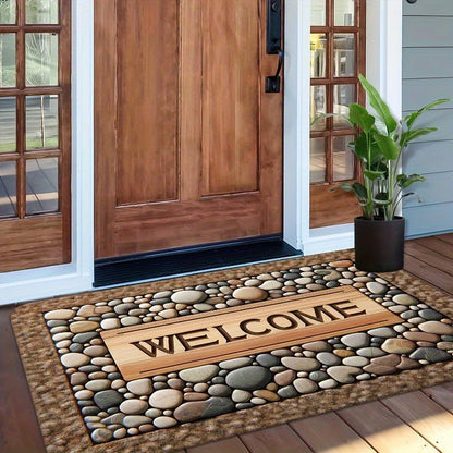 2D Welcome Home Non-Slip Door Mat - Durable, Machine Washable Mat with Stone Pattern &amp; Wood Texture Design - Perfect for Farmhouse Decor, All-Season Use, Polyester Material, Welcoming Entrance Mat | Natural Look Rug | Wooden