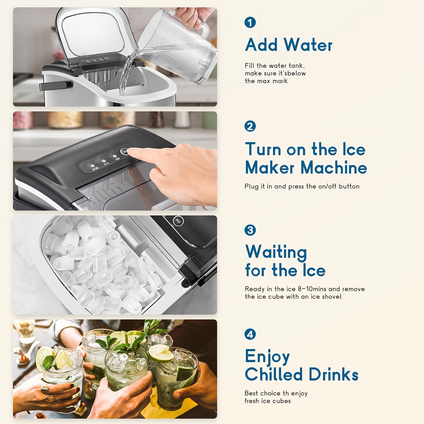 Máquina de gelo portátil, para bancada, produz 9 cubos de gelo em 6 minutos, 12 kg em 24 horas, inclui pá e cesto para gelo, ideal para casa, cozinha ou escritório, em aço inoxidável.