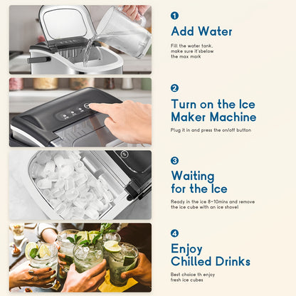 Máquina de gelo portátil, para bancada, produz 9 cubos de gelo em 6 minutos, 12 kg em 24 horas, inclui pá e cesto para gelo, ideal para casa, cozinha ou escritório, em aço inoxidável.