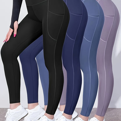 4pcs High-Waist Tummy Control Yoga Leggings - Stretchy, Slimming Activewear Pants with Pockets for Women