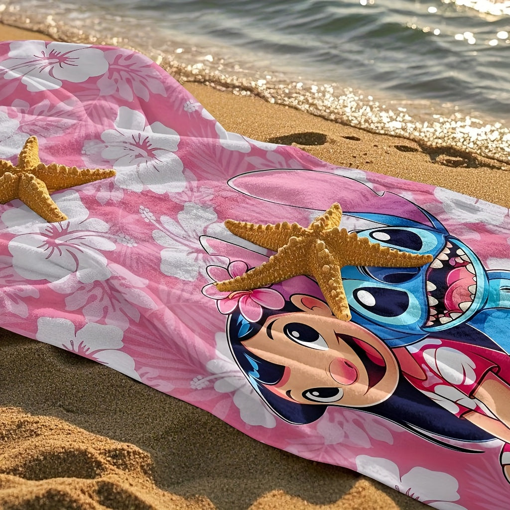 1pc Lilo & Stitch Beach Towel - Pink Floral Design, Soft Microfiber, Perfect for Yoga, Travel, Swimming, Beach, Fitness, Camping, Bathroom - Ideal Valentine'S Day & Birthday Gift, Beach Accessories | Playful Design | Durable