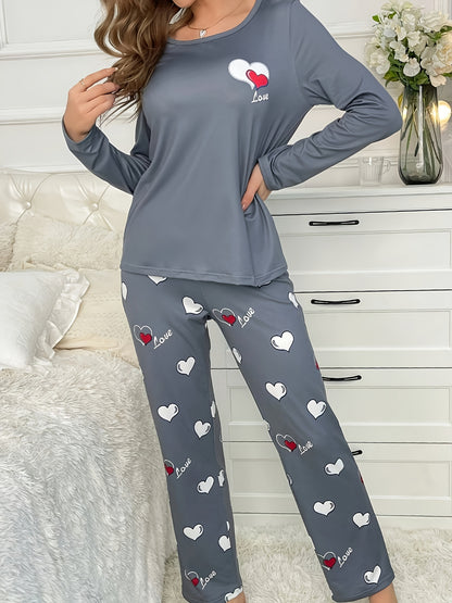 Plus Size Casual Heart Print Round Neck Long Sleeve Pantsuit