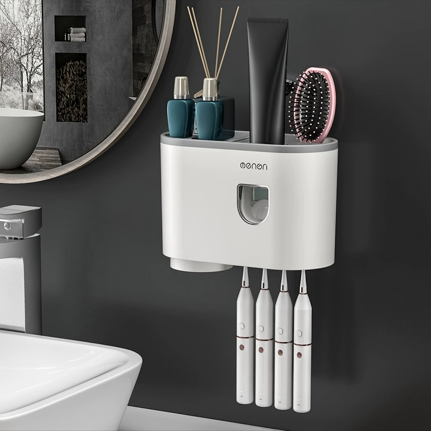 No Drill Adhesive Wall-Mounted Modern White Bathroom Organizer Set with 2-in-1 Magnetic Toothpaste Dispenser & Multi-Tier Storage Shelf - Space-Saving Over Sink Organizer with Suction Cup Hooks, Durable Plastic Construction f