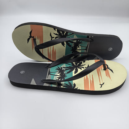 Men's Oversized Slip-On Flip Flops with Tropical Palm Tree & Sunset Print - Non-Slip Beach Sandals, Cushioned EVA Sole & Arch Support, -Resistant PVC Upper for Pool, Vacation, Casual Wear - Wide Widths Available, Vacation Foo