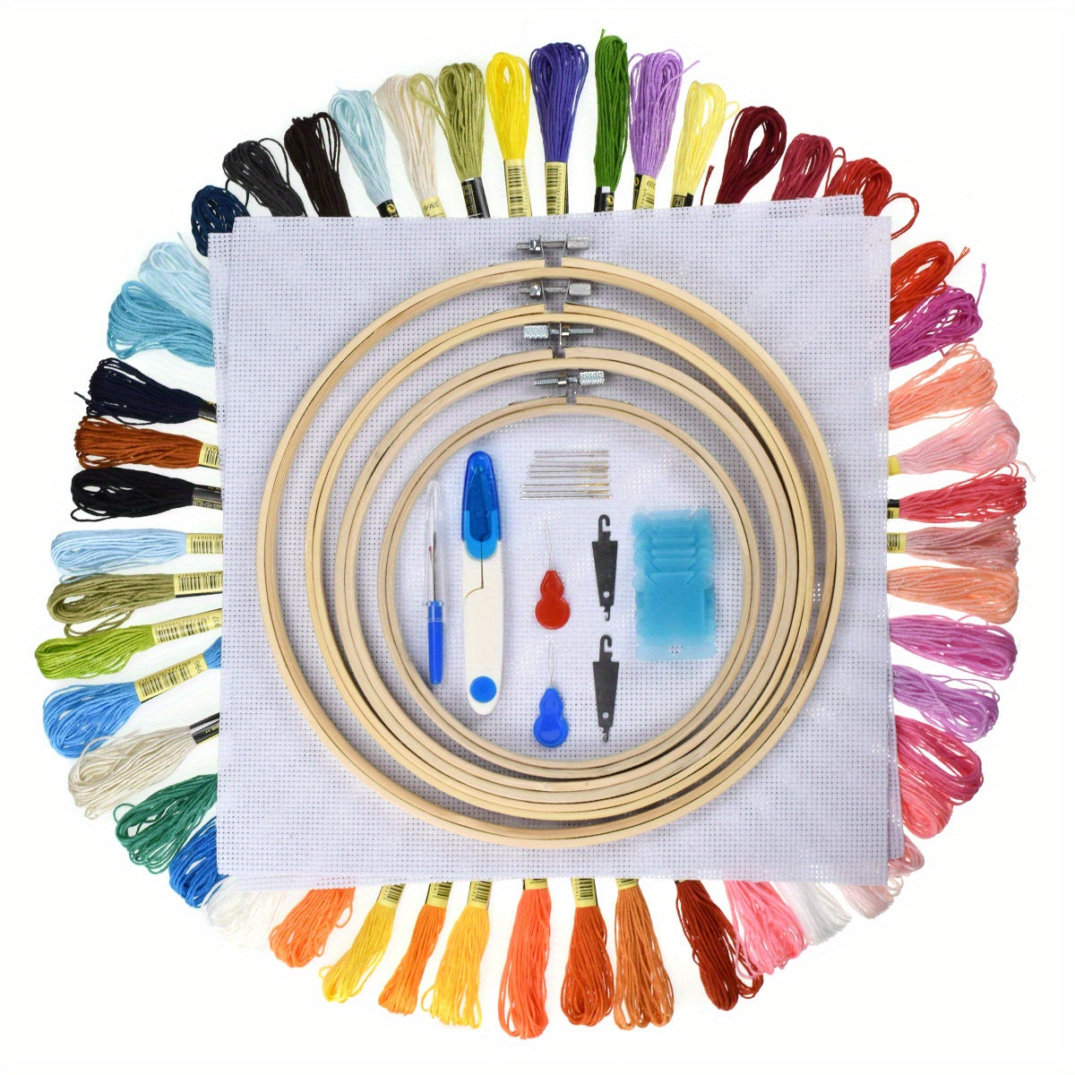 1set Embroidery Kit, 50/100 Colors Threads, 5 Pcs Bamboo Embroidery Hoops And Cross Stitch Tools Set, Hand Embroidery Starter Kit For Beginners Adults