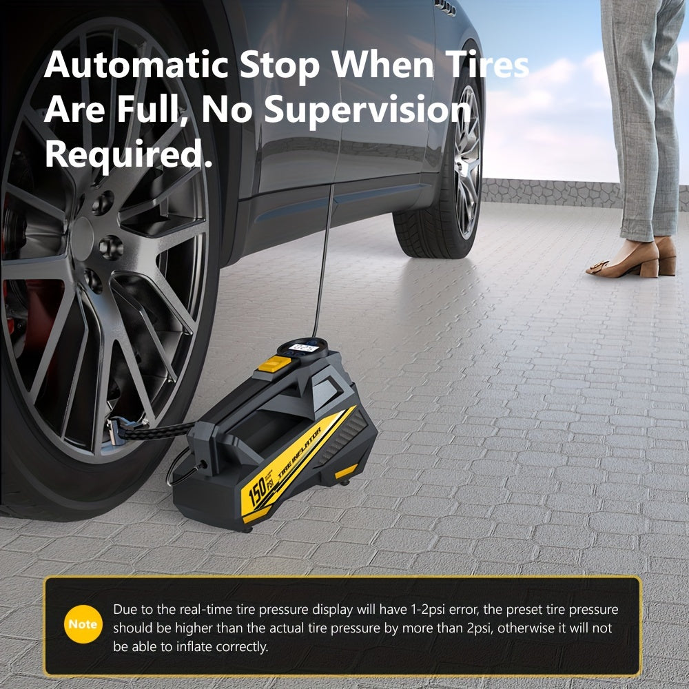 Inflador de pneus digital CaRSun, bomba de ar portátil com luz LED para automóveis, motos e bicicletas - DC 12V, 150 PSI, design preto e amarelo, alimentação por ficha, sem necessidade de bateria, insuflador de pneus de bicicleta | Porta elegante