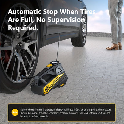 Inflador de pneus digital CaRSun, bomba de ar portátil com luz LED para automóveis, motos e bicicletas - DC 12V, 150 PSI, design preto e amarelo, alimentação por ficha, sem necessidade de bateria, insuflador de pneus de bicicleta | Porta elegante