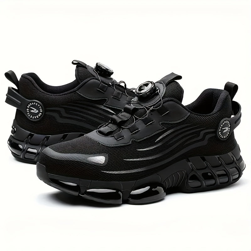 Botas de trabalho para homem com biqueira de aço e proteção contra perfurações - Respiráveis, antiderrapantes, com atacadores e fivela giratória, resistentes para atividades ao ar livre, topo em malha preta e cinzenta.