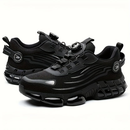 Botas de trabalho para homem com biqueira de aço e proteção contra perfurações - Respiráveis, antiderrapantes, com atacadores e fivela giratória, resistentes para atividades ao ar livre, topo em malha preta e cinzenta.