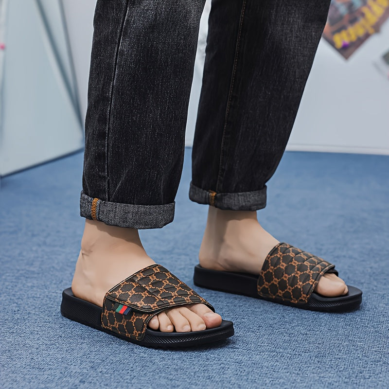 Men's Luxury Slip-On Slippers - Thick Cushioned EVA Sole & Soft PU Upper with Striped Pattern, All-Season Indoor/Outdoor House Shoes for Men, Comfortable Casual & Party Footwear (Black/White, Beige/Brown) - Unisex-Friendly De