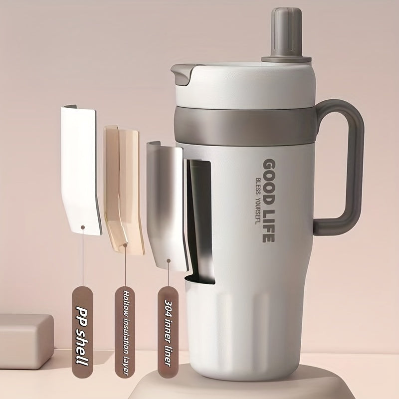 Copo térmico em aço inoxidável 304 com parede dupla e pega, capacidade de 720ml, com palhinha – Caneca desportiva portátil para viagens e atividades ao ar livre, garrafa de água essencial de alta capacidade para carro e atividades ao ar livre.