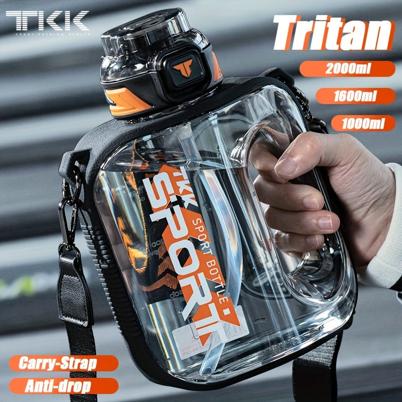 TKK Letter Pattern Plastic Water Bottle, Leakproof Sports Drink Bottle With Handle &amp; Shoulder Strap, Portable For Fitness, Travel