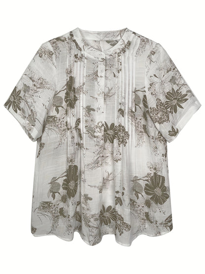 Women's Floral Print A-Line Blouse - Casual Short Sleeve, Round Neck with Front Button Detail, Lightweight Polyester Blend, Perfect for Spring/Summer