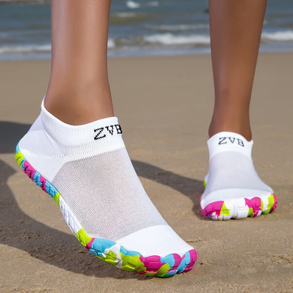 ZVB Women's All-Terrain Water Shoes - Slip- Rubber Sole & Arch, Breathable Quick- Slip-On/Wear, Lightweight Cushioned Insole for Swimming, Yoga, Surfing, Hiking, Beach - All-Season Indoor/ Aquatic Shoes with Elastic Woven Upp