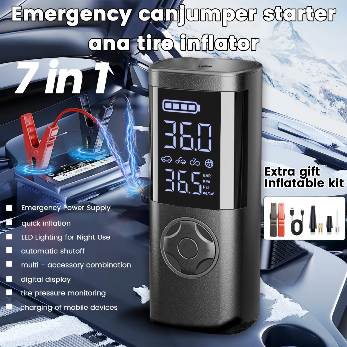 TEMOLA 7-in-1 Emergency Canjumper Starter & Tire Inflator with Digital Display, LED Light, Instant Jump Start, Tire Pressure Detection, Smart Air Compressor, USB Charging, Durable Polymer Battery for Cars, Motorcycles, Bicycl