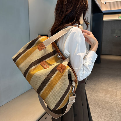 HUOHUO Women's Large Capacity Retro Striped Travel Handbag & Carry-On Luggage - Lightweight Nylon Suitcase with Adjustable Strap, Golden-Tone Hardware, Zipper Closure & Lining - Casual & Formal Use for Airplane, Train, Car Tr