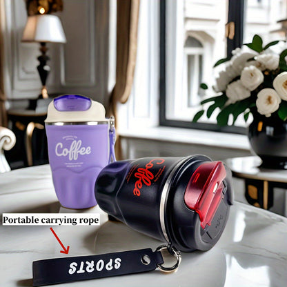 Caneca térmica elegante em aço inoxidável com pega de transporte - Portátil e resistente para aventuras ao ar livre.