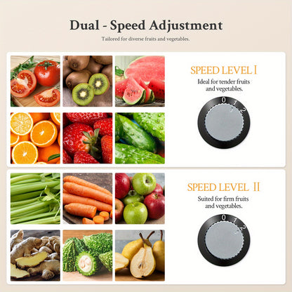 Extrator de sumo de 800 W para frutas e legumes integrais, preparação rápida de sumos, fácil de limpar, tubo de alimentação largo de 75 mm, duas velocidades e pés antiderrapantes.