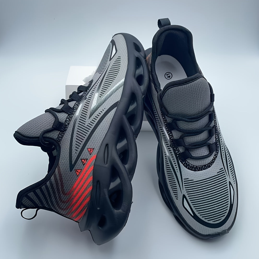 Sapatilhas de corrida para homem em malha respirável - Leve, com absorção de impacto, sola MD durável, sapatilhas desportivas de cano baixo para desportos ao ar livre, caminhadas e uso casual, design preto e cinzento, fecho com atacadores.