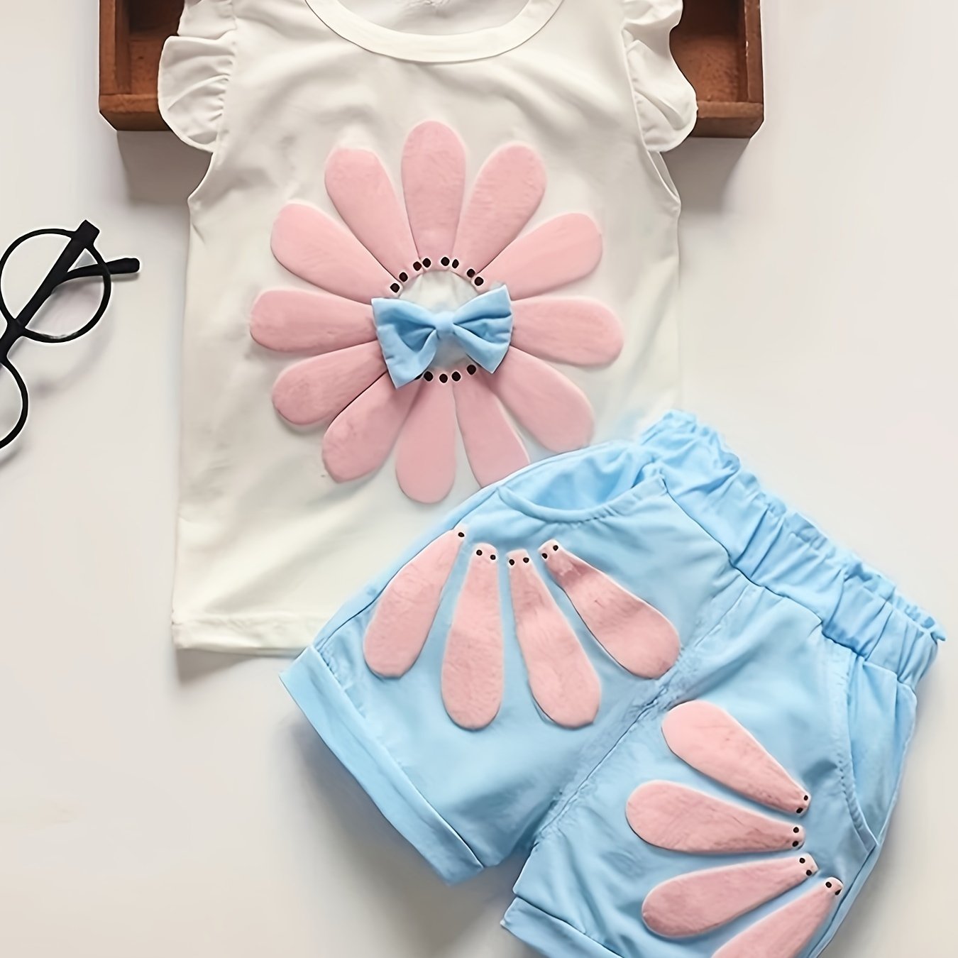 Girl's Summer Cotton Two-piece Set, Baby Girl Sunflower Print Short Sleeve Ruffled Top & Shorts Outdoor Wear Outdoor Clothing