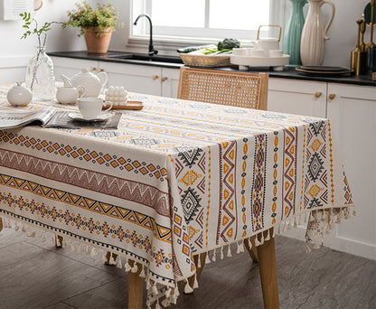 1pc Boho Style Rectangular Tablecloth with Tassels - Waterproof and Oil Proof Home Decor