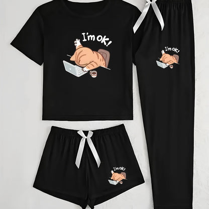 Women's 3pcs Pajama Set, Cartoon Work Kitten Print Short Sleeve Pajamas, Shorts and Longs - Bow Style, Suitable for Multiple Seasons