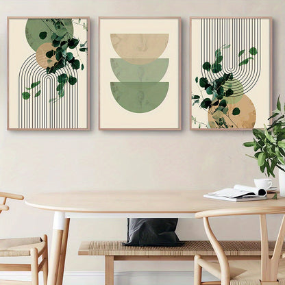 3pcs Boho Green Plant Eucalyptus Leaf Geometry Graphic Art Poster - Retro Canvas Print For Modern Wall Decor In Living Room And Home