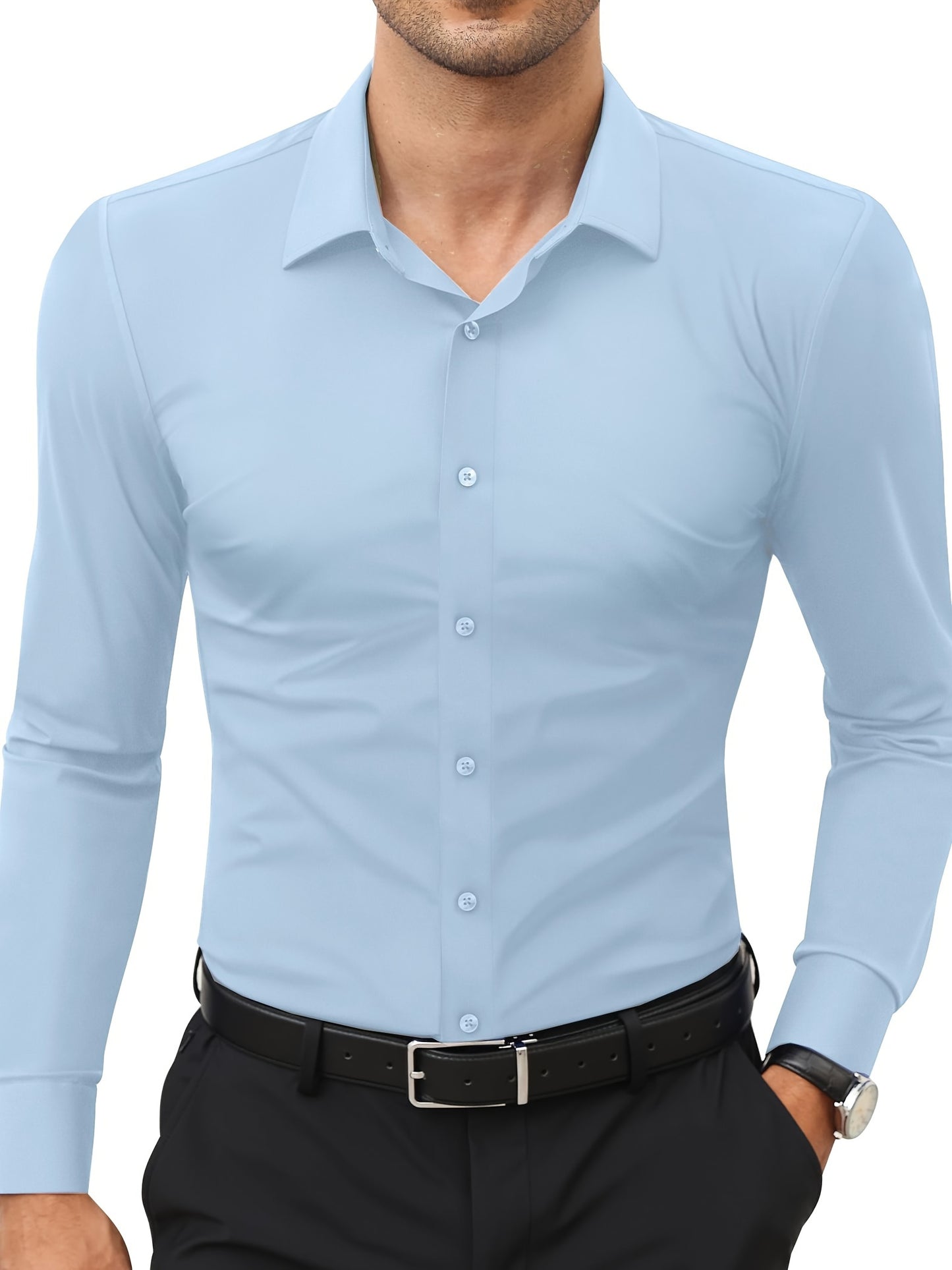 Camisola de homem de manga comprida com corte slim - 55% algodão, 40% poliéster, 5% elastano, cor lisa, para todas as estações, tecido plano, fecho com botões, gola de lapela, ideal para o fim de semana, 125 g/m²