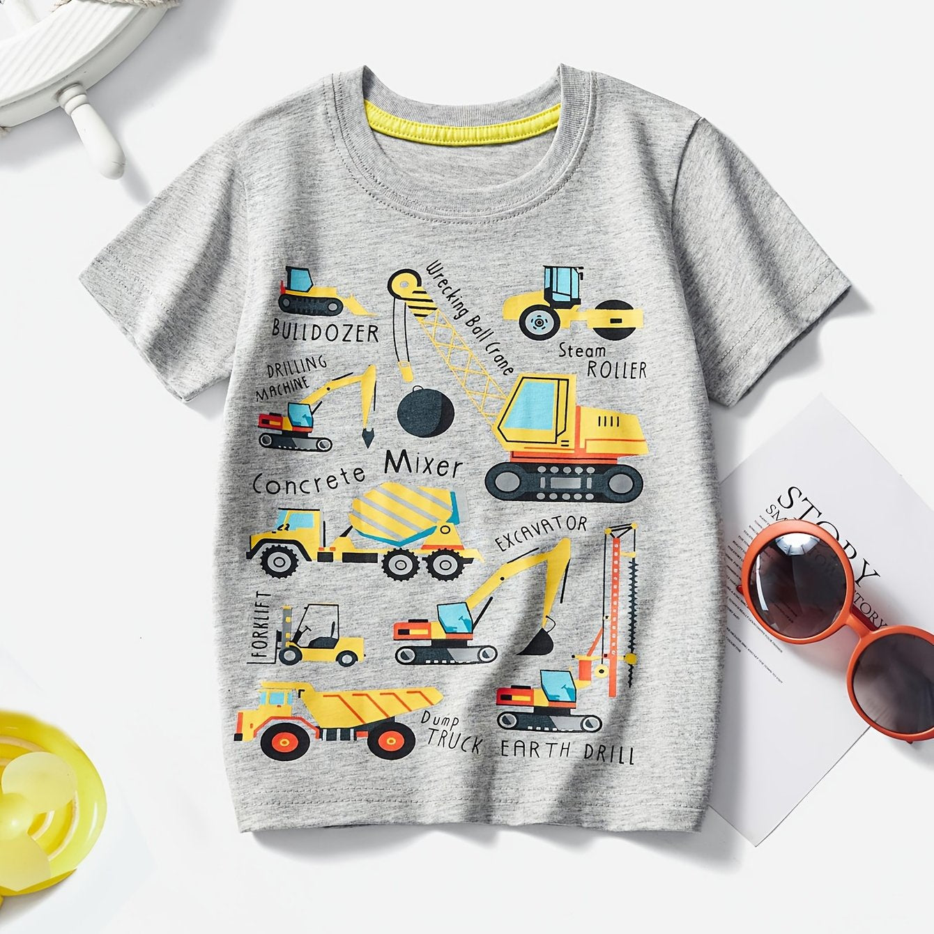 Boys' Cotton Short Sleeve T-Shirt with Cartoon Excavator Print, Breathable Summer Trend